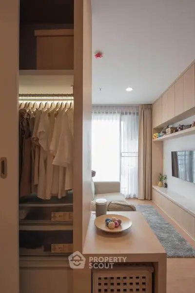 Modern living room with built-in storage and cozy decor