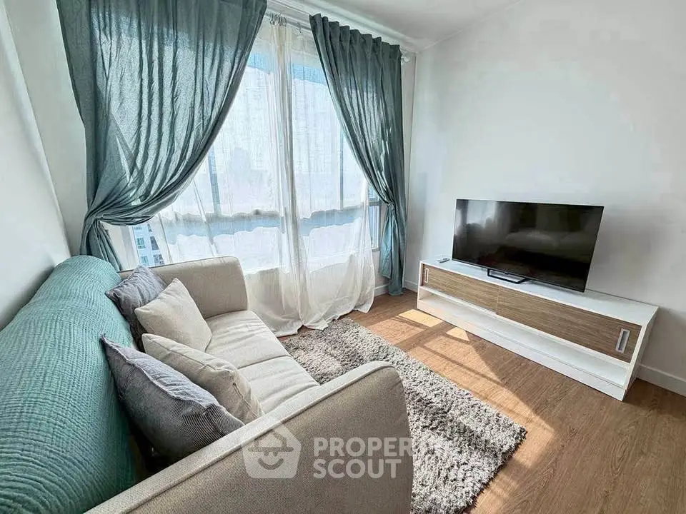 Bright living room with cozy sofa, TV, and large windows with elegant curtains.