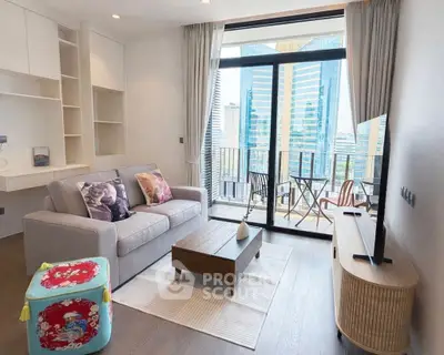 Modern living room with balcony view in high-rise apartment