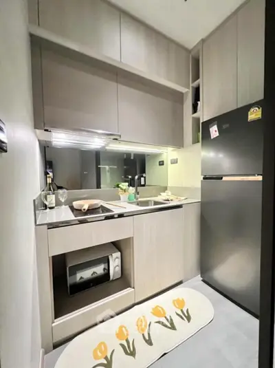 Modern compact kitchen with sleek cabinetry and stainless steel appliances