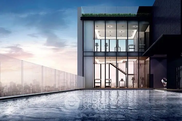 Luxurious rooftop pool with stunning cityscape views and modern glass architecture.