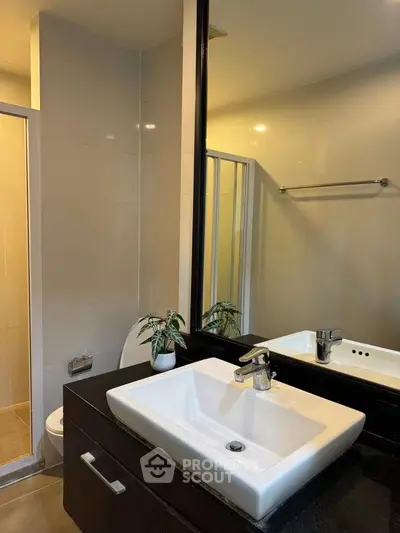 Modern bathroom with sleek sink and large mirror, ideal for contemporary living.