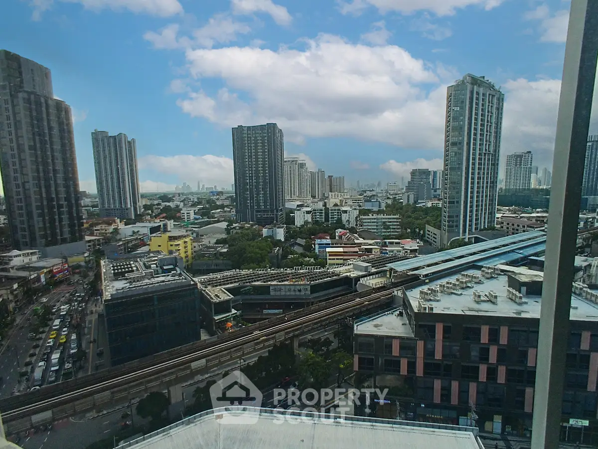 Stunning cityscape view with modern high-rise buildings and clear blue sky.