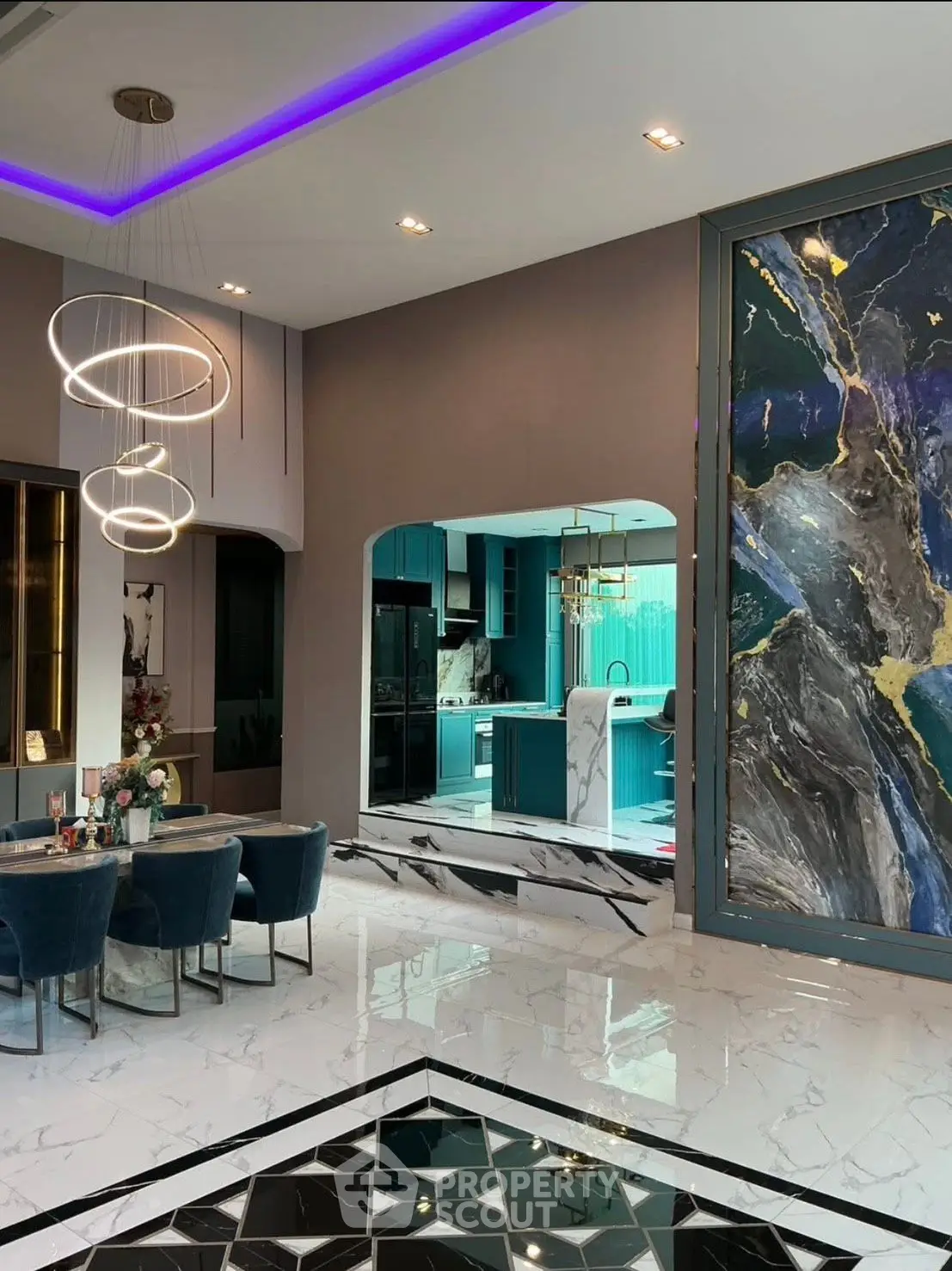 Luxurious modern living room with marble floors, elegant dining area, and stylish open kitchen design.