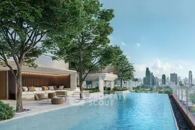 Luxurious rooftop pool with stunning city skyline view and modern seating area.