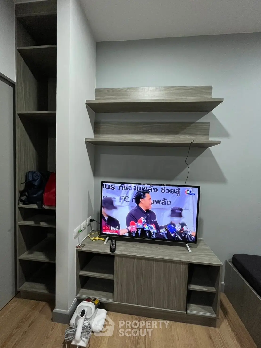 Modern living room with built-in shelves and TV unit, showcasing sleek design and functionality.