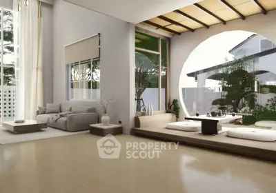 Luxurious living room with modern Japanese-inspired design and large circular window overlooking garden.