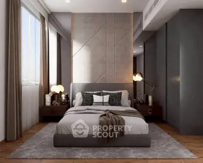 Luxurious modern bedroom with stylish decor and large windows for natural light.