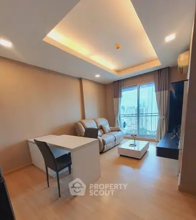 Modern living room with city view, cozy seating, and elegant lighting.