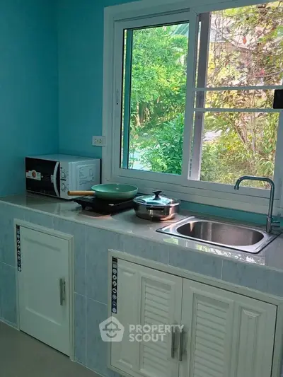 Charming kitchen with garden view, featuring modern appliances and sleek cabinetry.
