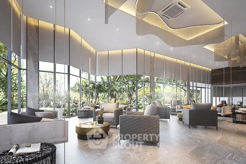 Luxurious modern living room with panoramic garden views and elegant furnishings.