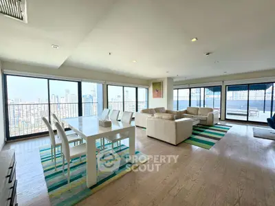 Spacious modern living room with panoramic city views and elegant white furniture