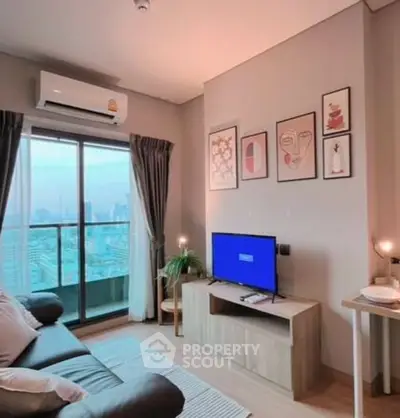 Modern living room with balcony and city view, stylish decor and cozy ambiance.