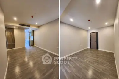 Spacious empty living room with modern flooring and recessed lighting