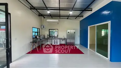 Spacious modern kitchen with sleek design and vibrant red carpet, featuring stainless steel appliances and ample natural light.