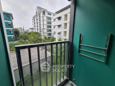 Modern balcony with city view in contemporary apartment building