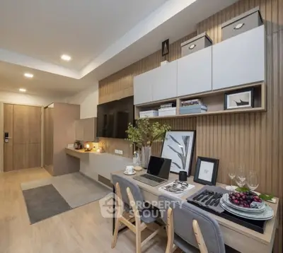 Modern living room with stylish dining area and wooden accents
