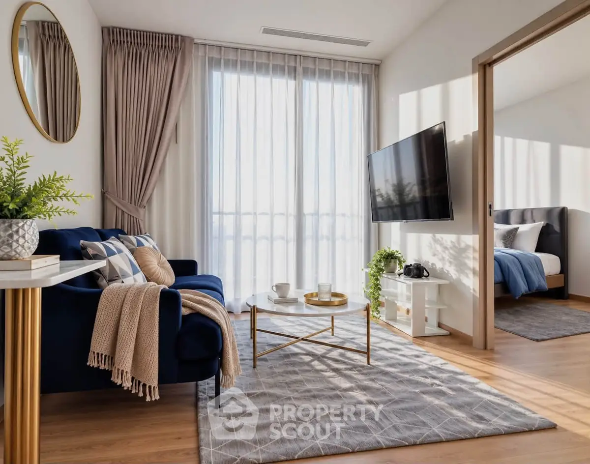 Modern living room with elegant decor and natural light, featuring a cozy blue sofa and stylish coffee table.