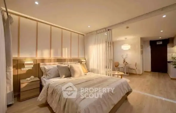 Luxurious bedroom with elegant decor and open layout in modern apartment
