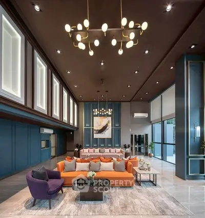 Luxurious modern living room with high ceilings and elegant lighting