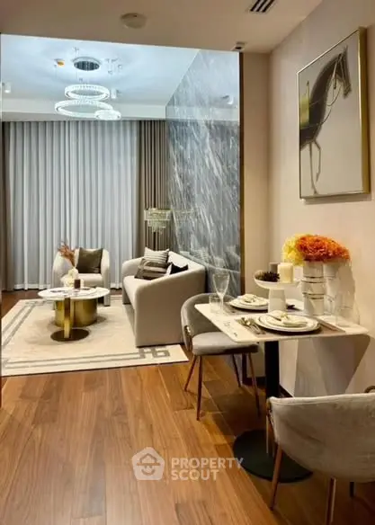 Luxurious modern living room with elegant decor and wooden flooring