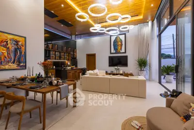 Luxurious modern living room with high ceilings, elegant lighting, and stylish decor.