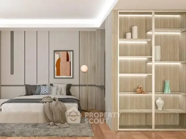 Modern bedroom with stylish decor and built-in shelving