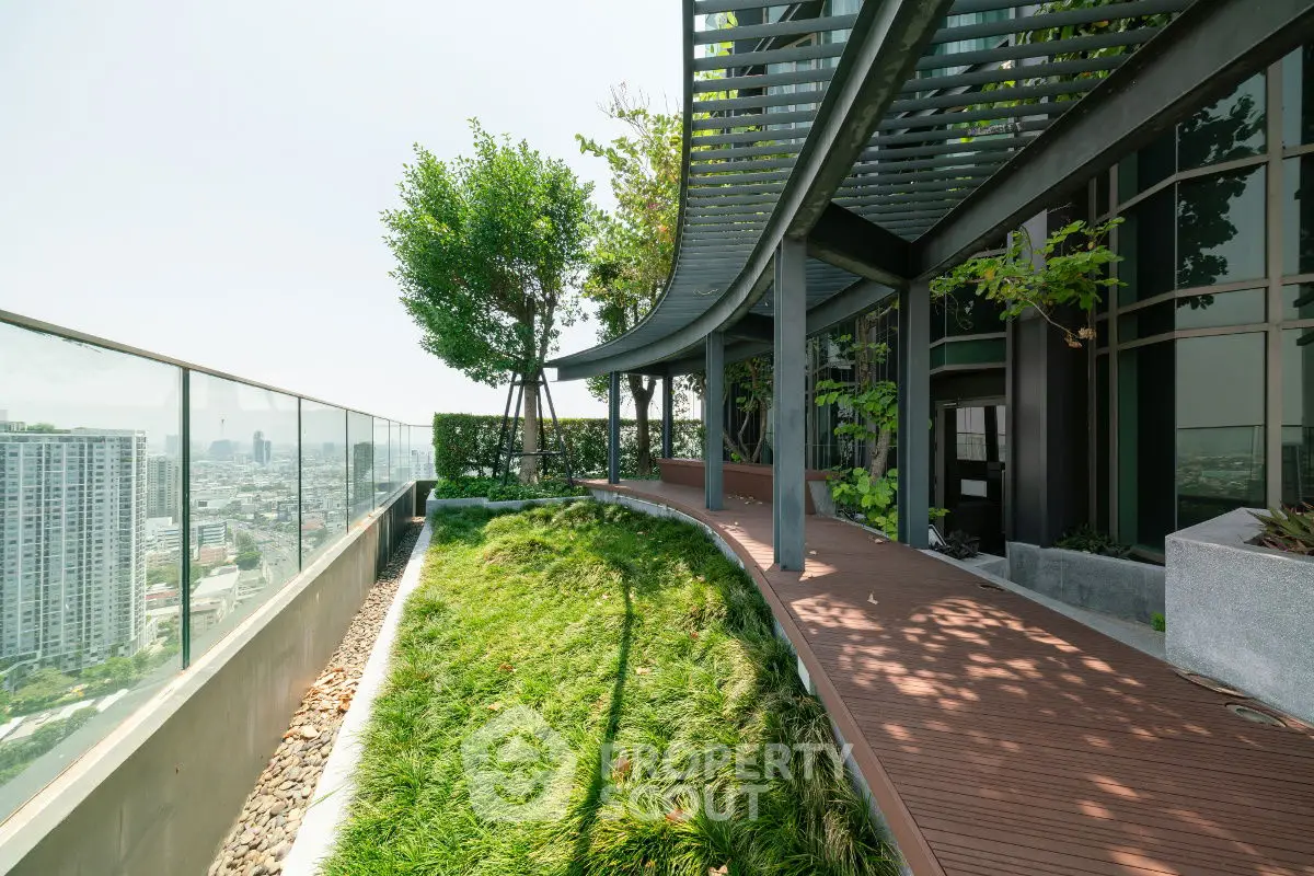 Stunning rooftop garden with panoramic city views and modern design elements.