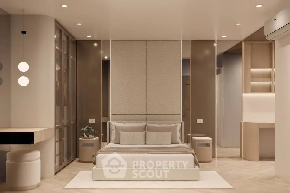 Luxurious modern bedroom with elegant decor and ambient lighting