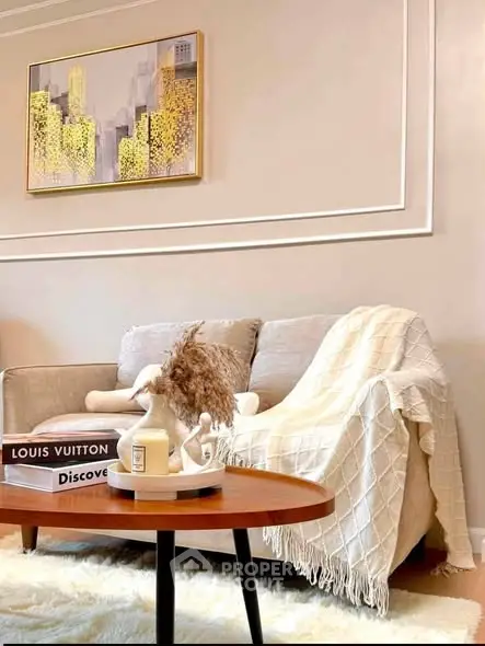 Stylish living room with cozy sofa, elegant decor, and modern artwork, perfect for relaxation and entertaining.