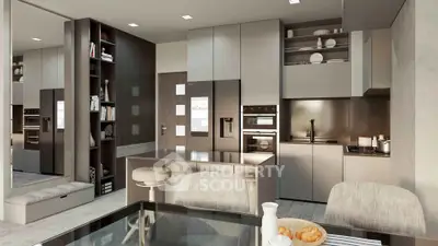 Modern kitchen with sleek cabinetry, built-in appliances, and stylish dining area in contemporary apartment.
