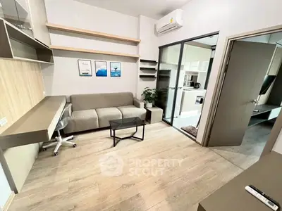 Modern living room with sleek design and open kitchen layout