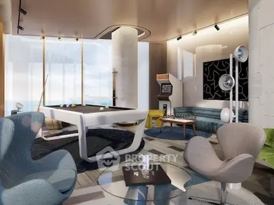 Luxurious modern living room with pool table and stunning ocean view