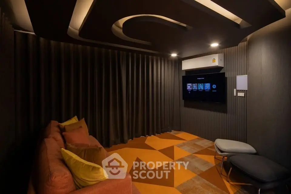 Luxurious home theater room with modern design and cozy seating