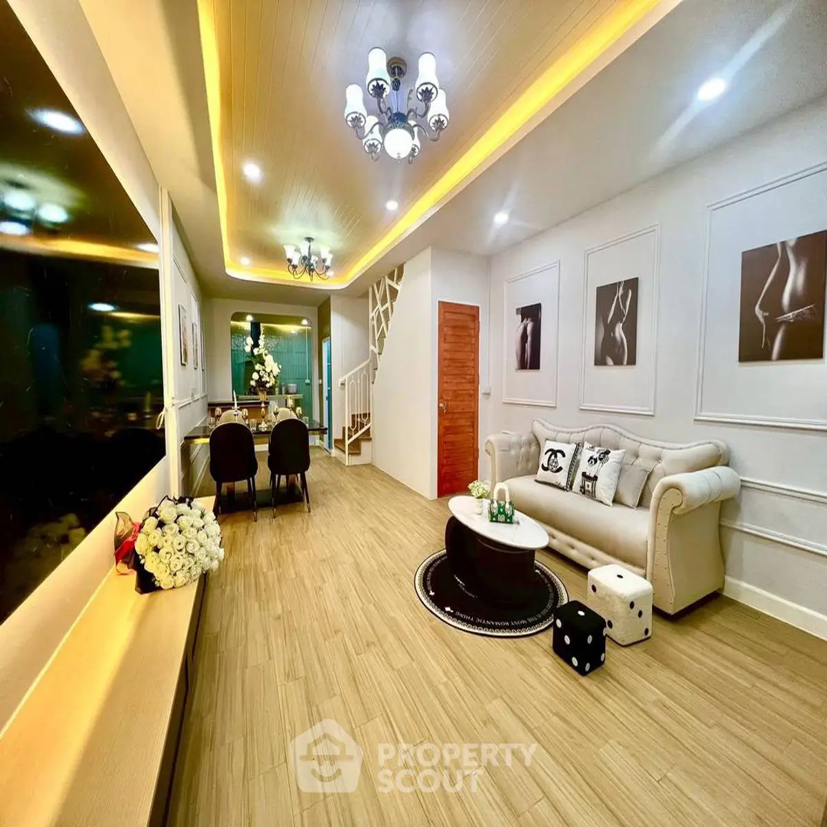 Luxurious living room with elegant decor and ambient lighting