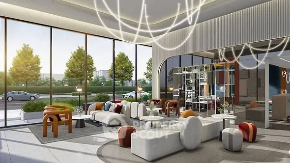 Luxurious modern living room with stylish furniture and large windows offering a scenic view.