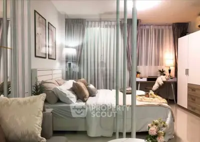 Luxurious bedroom with elegant decor and cozy ambiance, featuring stylish furniture and soft lighting.