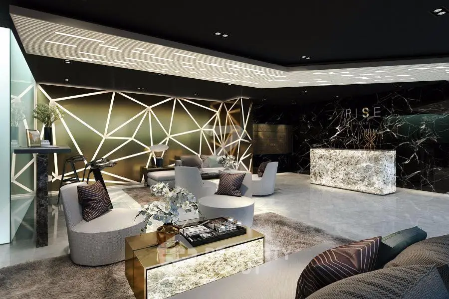 Luxurious modern living room with geometric wall design and plush seating