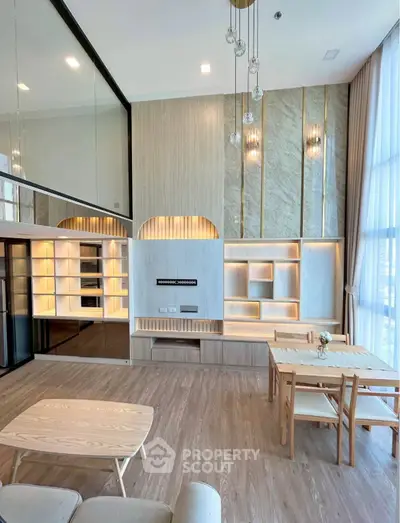 Spacious modern living room with high ceilings and elegant wooden furniture