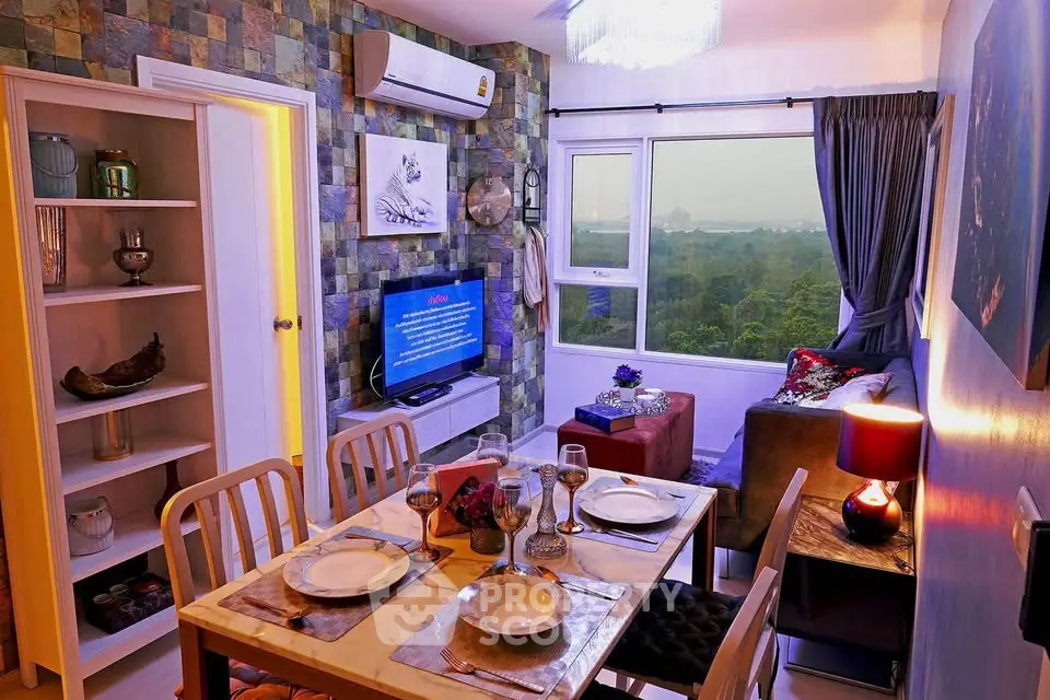 Charming living room with dining area, scenic view, and cozy decor in modern apartment.