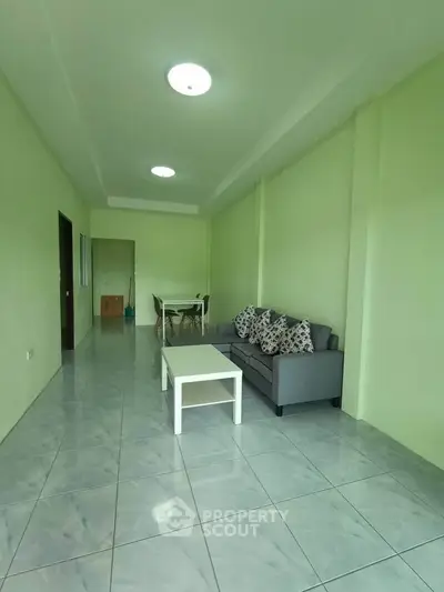 Spacious living room with modern sofa and dining area in open layout