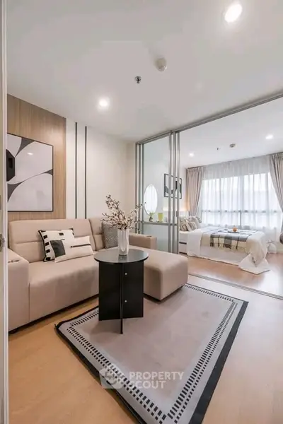 Modern living room with stylish decor and cozy seating area