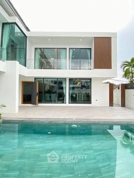 Luxurious modern villa with a stunning pool and elegant glass facade, perfect for upscale living.