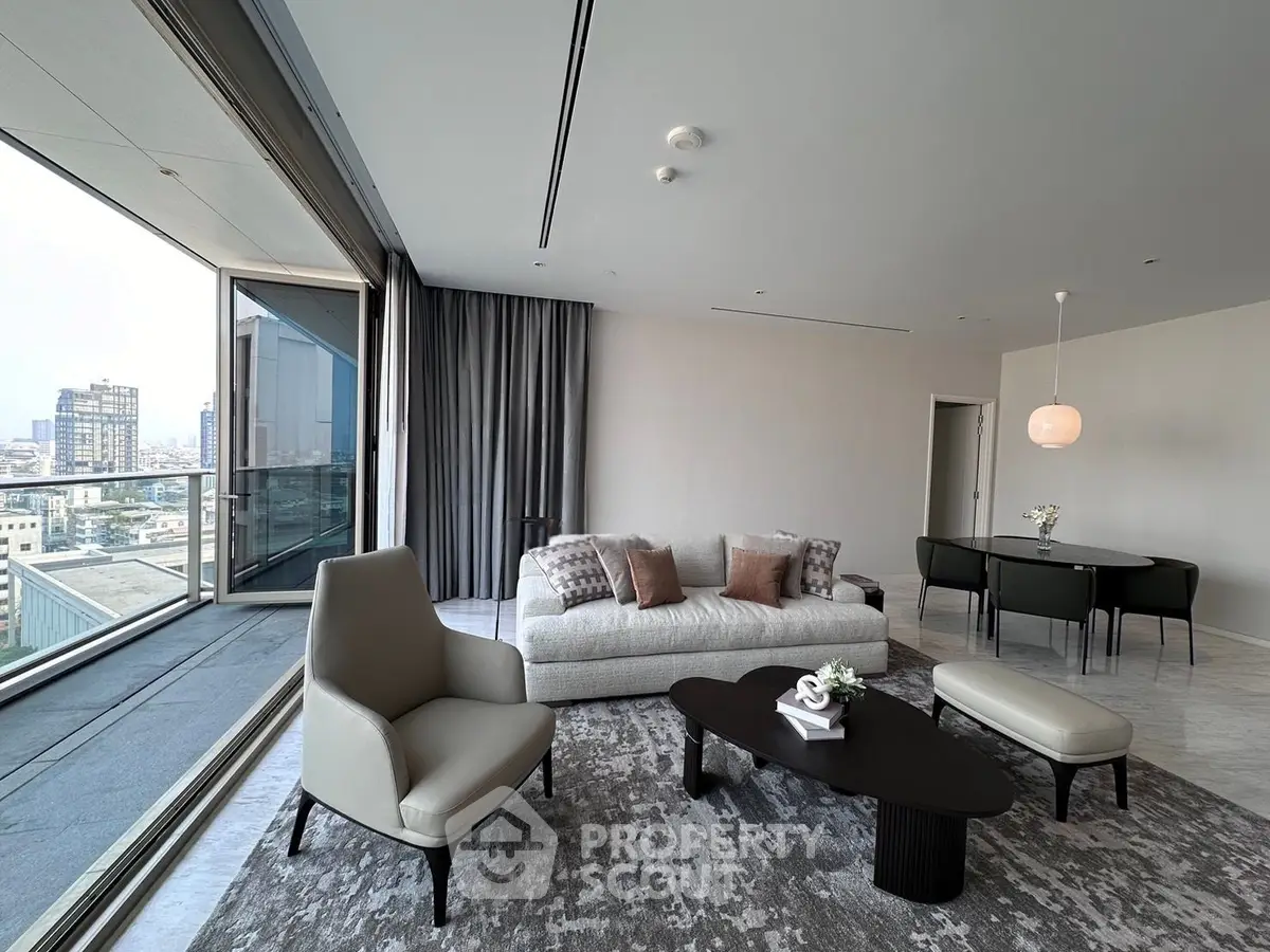 Luxurious modern living room with city view and elegant furnishings