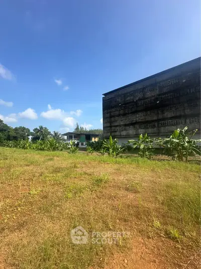 Expansive land plot with lush greenery and adjacent building, perfect for development opportunities.