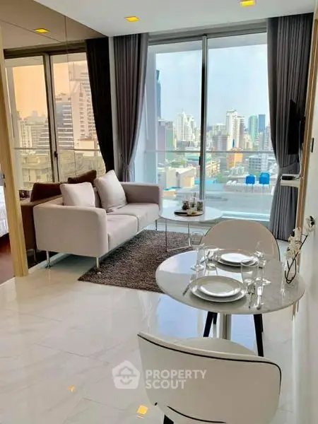 Modern living room with city view, stylish furniture, and elegant dining area in a high-rise apartment.
