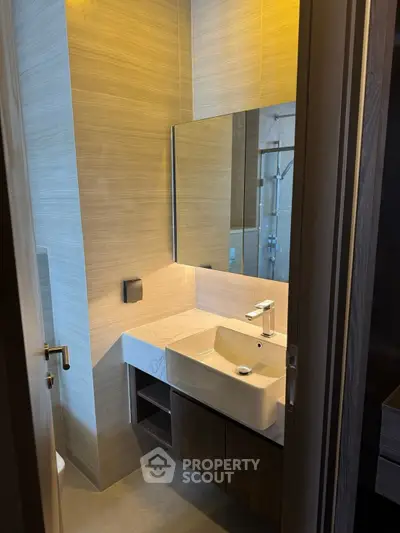 Modern bathroom with sleek sink and large mirror in elegant design.