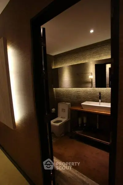 Modern bathroom with stylish lighting and sleek fixtures
