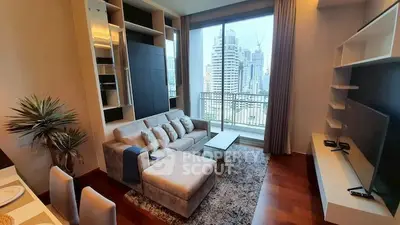 Modern living room with city view, stylish furniture, and large windows.