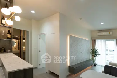 Modern apartment interior with open layout and stylish lighting